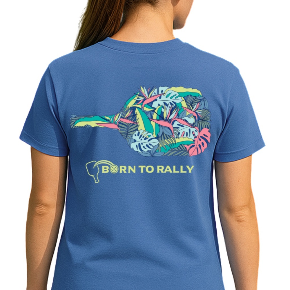 Born to Rally Tropical Pickleball Shirt, Colorful Paddle Graphic Tee for Women